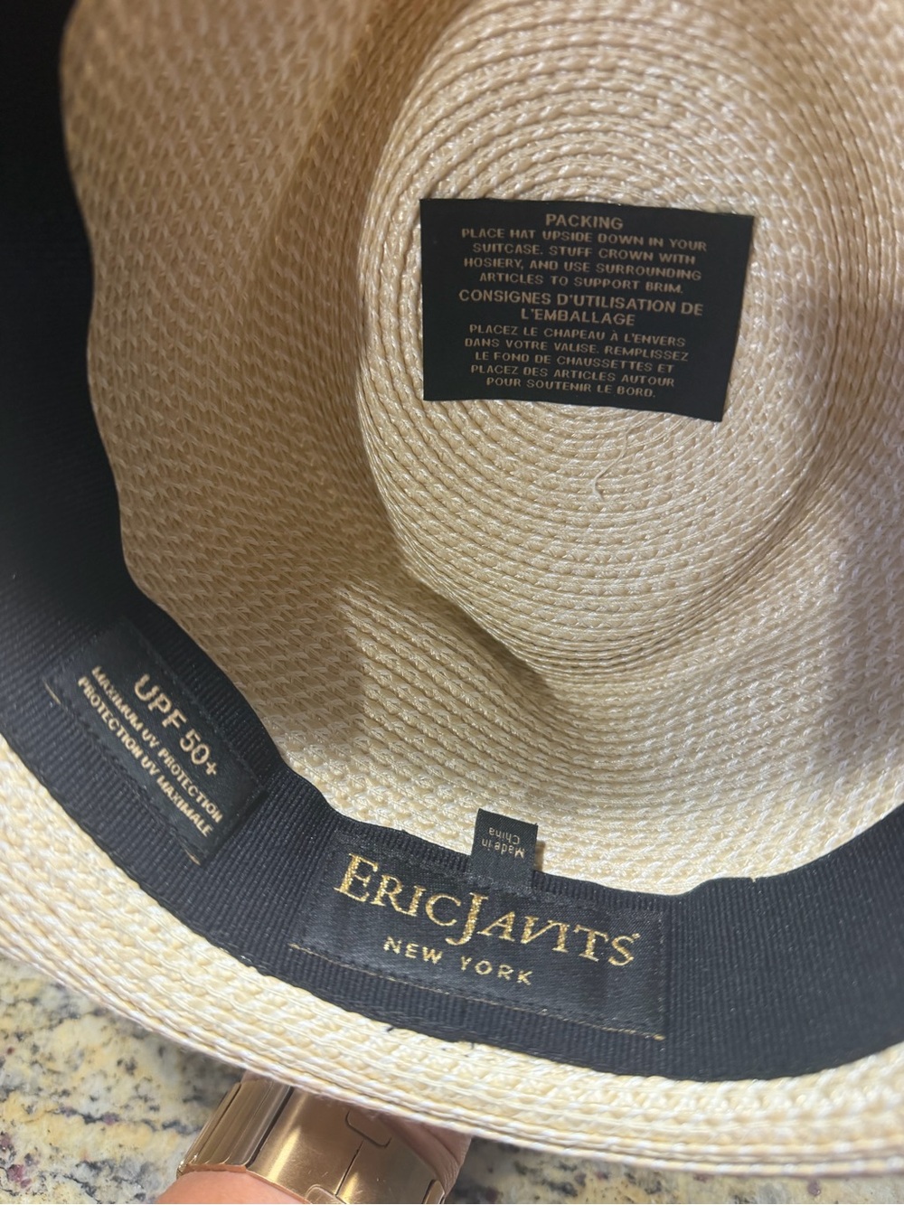 Eric Javits Classic Squishee Straw Packable Fedora Sun Hat. Black Band, Cream - Picture 3 of 4